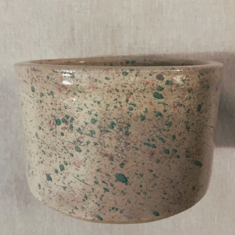 RARE Vintage RRP Co Roseville Ohio Pottery Small Crock, Speckled Pink/Green